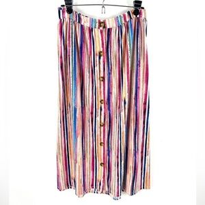 Terra Sky Maxi Skirt Women 14W Button Front Colorful Stripe Stretch Boho Pockets